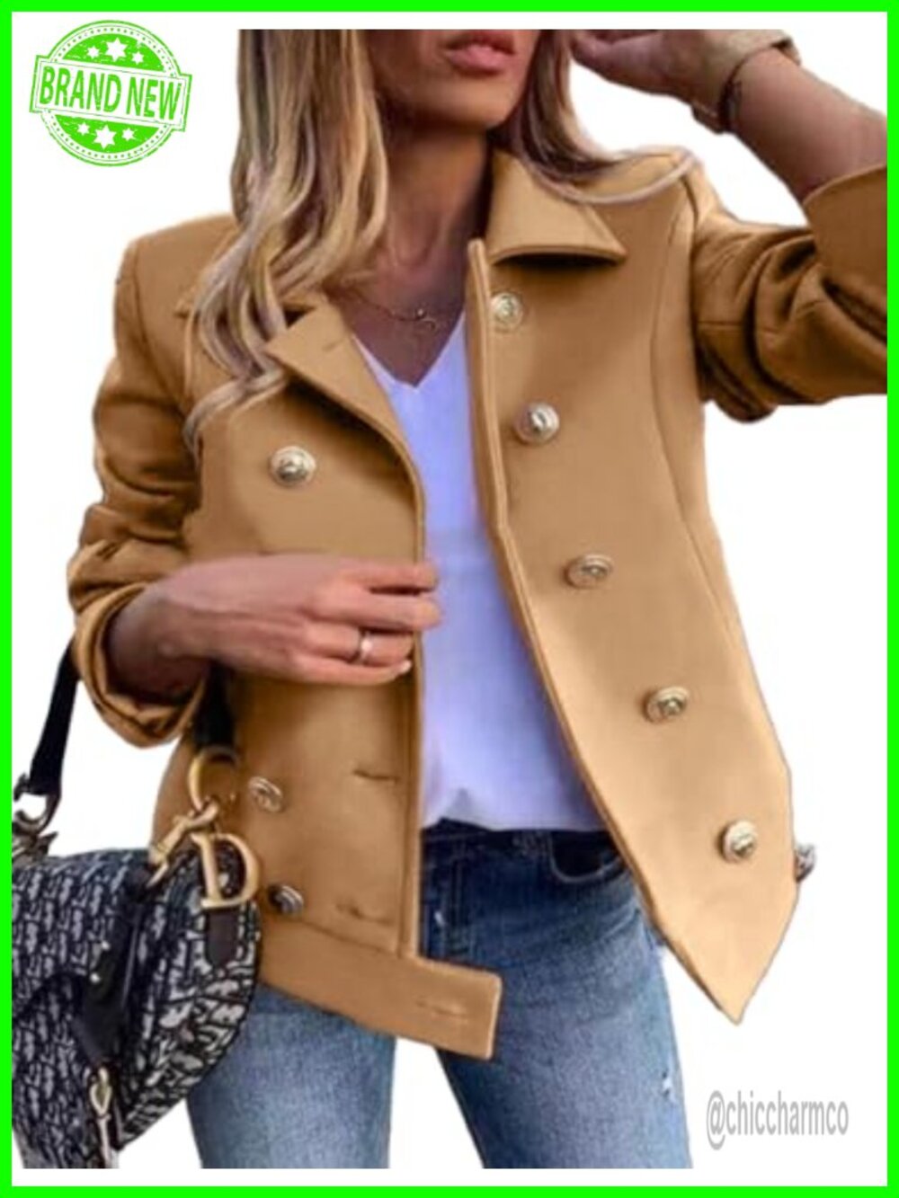 Womens Cropped Wool Blend Peacoat Double Breasted Business Casual Coat